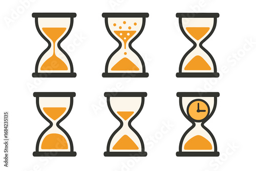 Vector hourglass icon set in flat style. Sandglass collection illustrating passage of time, countdown, deadline and process. Minimalist time management concept for business.