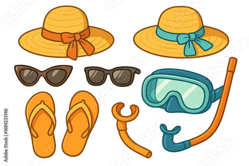 Summer beach vacation essentials set. Travel and holiday accessories collection. Sun hat, sunglasses, flip flops, snorkel and diving mask. Ocean sea trip cartoon vector icons.