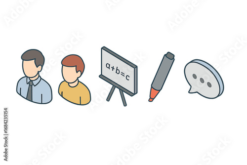 Tutoring and education isometric icon set. Vector symbols for e-learning, online courses, and private lessons. Teacher, student, whiteboard, marker, and chat bubble icons.