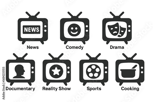 Television genres icon pack. TV show categories solid glyph icons. News, comedy, drama, documentary, reality, sports, cooking. Entertainment broadcast media symbols set.