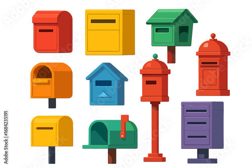 Colorful mailbox collection vector illustration. Set of various postbox and letterbox icons for mail delivery, correspondence, and communication. Cartoon graphic design elements.