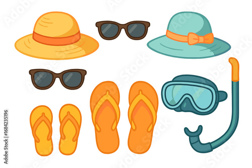 Summer beach vacation essentials set. Vector cartoon collection of travel accessories including sun hats, sunglasses, flip flops, and snorkeling gear. Flat design illustration.