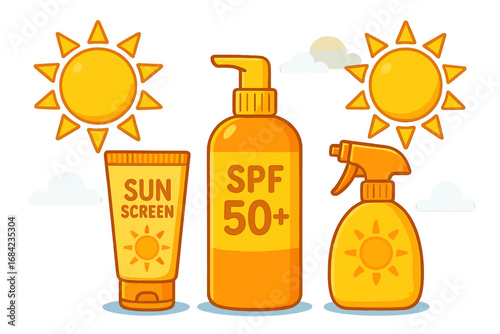 Sunscreen protection set with various bottles. SPF 50 sunblock lotion, spray and cream tube for summer vacation. Sun care cosmetic for UV skin safety. Vector cartoon concept.