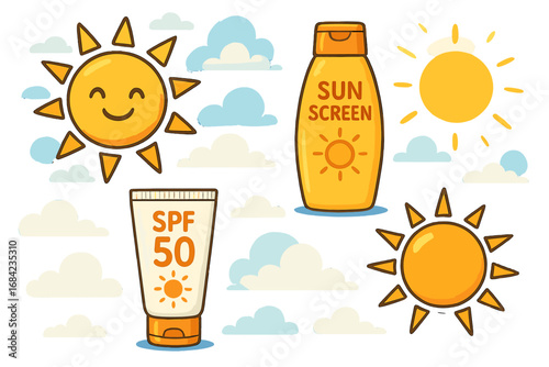 Sunscreen lotion and sunblock cream set for summer skin care. SPF 50 cosmetic tube and bottle for UV sun protection. Cute cartoon sun and clouds vector icon collection.