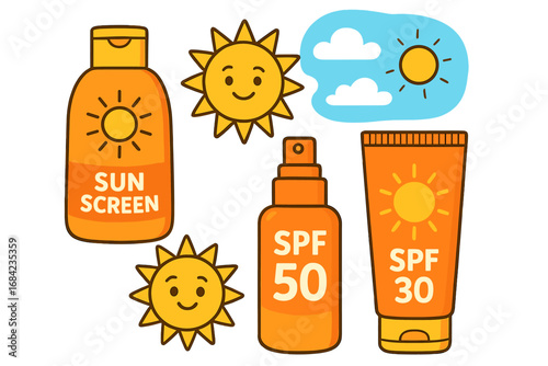 Sunscreen products vector set. Cartoon sun protection cosmetics with SPF 30 and 50. Sunblock lotion bottle, spray, and cream tube for summer skin care. Cute sun icons.