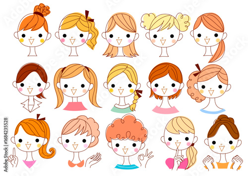 Collection of stylized cartoon female faces with various hairstyles and expressions.