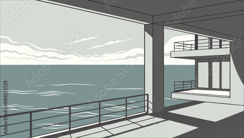 Ocean View from Modern Balcony Minimalist Illustration of Seascape and Architecture.