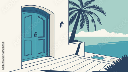 Ocean View Home Entrance with Teal Door and Palm Tree.