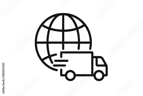 Minimalist Planet Earth with Delivery Truck Icon, Global Shipping and Fast Delivery Symbol, Linear Vector Illustration for Web Design, Apps, Banners, Social Media, and Business Cards