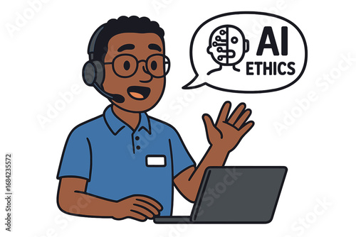 AI ethics concept. Technical support professional discussing artificial intelligence. Man with headset presenting on machine learning morals, data privacy, regulation, responsibility.