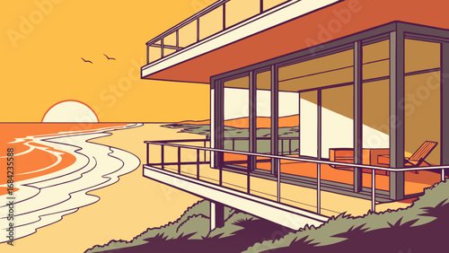 Ocean View Home Sunset Balcony Illustration Modern Architecture Design Coastal Living Decor Summer Vacation Tropical Paradise Minimalist Artwork Warm Color Palette.