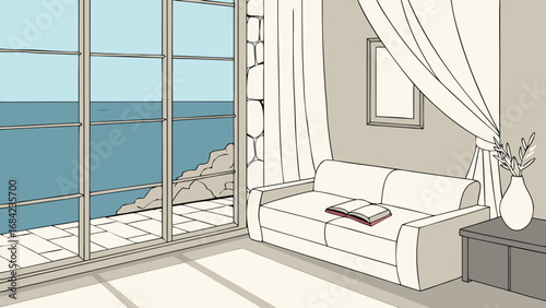 Ocean View Living Room Interior Design Cozy Sofa with Book Seaside Relaxation Modern Home Decor Illustration.