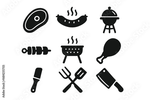 Meat cooking solid icon set. BBQ, grilling, and kitchen tools glyph icons collection. Vector illustration of steak, sausage, chicken, kebab, and grill for picnic or barbecue.