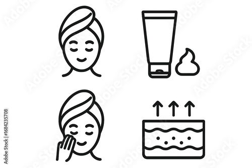 Minimalistic skincare and beauty routine icons, linear style vector set for web, apps, banners, social media, and graphic design, facial care, moisturizer application, healthy skin concept
