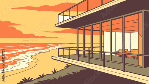 Ocean View Modern House at Sunset Coastal Living Architecture Illustration.