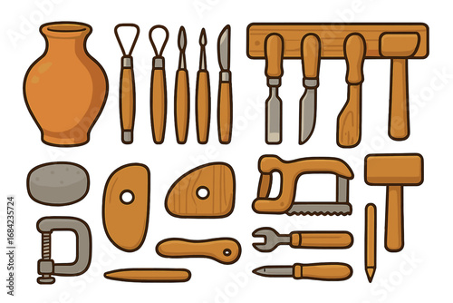 Pottery and woodworking tools vector set. Crafting equipment for sculpting clay and carving wood. Workshop icons collection. Handmade hobby cartoon clipart illustration.