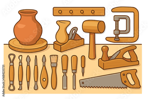 Set of tools for pottery and woodworking craft. Collection of cartoon vector icons for hobby or workshop. Handmade ceramics and carpentry equipment on a workbench concept.