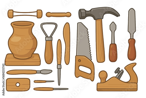 Set of crafting tools for pottery and woodworking. Vector cartoon illustration of hobby equipment for handmade clay sculpture and carpentry. Isolated collection of work tools.