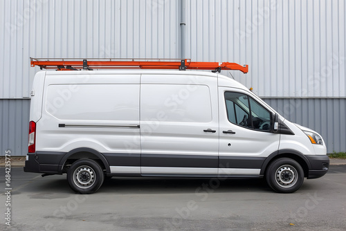Side view of a white commercial van with orange ladder rack parked near a metal wall