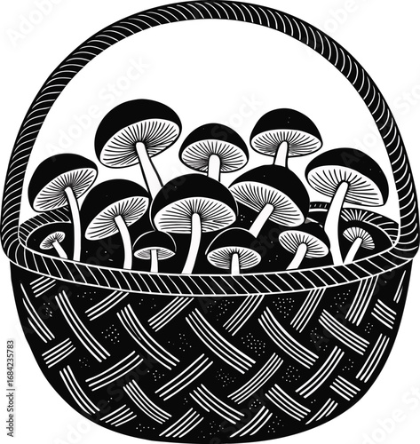 mushroom pattern basket  black line art design 