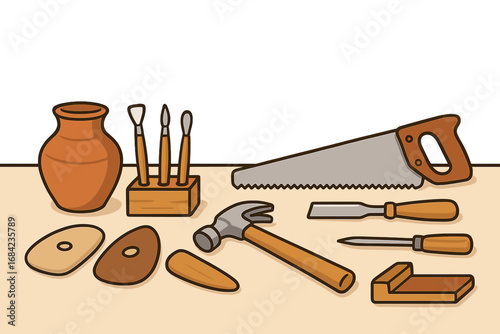 Pottery and woodworking tools vector set. Handmade craft hobby concept. Clay sculpting and wood carving instruments on a workshop table. DIY carpentry and ceramics illustration.