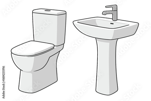 Modern bathroom fixtures vector set with toilet and pedestal sink. Minimalist interior design elements. Sanitary ware plumbing objects. Restroom hygiene concept illustration.