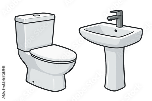 Modern bathroom furniture set. White ceramic toilet and sink with faucet. Vector illustration. Home interior design elements. Restroom, WC, lavatory, washroom plumbing fixtures.