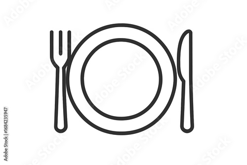 Minimalistic Plate Outline Icon with Fork and Knife, Linear Web and Graphic Design Pictogram, Vector Cartoon Illustration for Apps, Banners, Social Media, and Cards