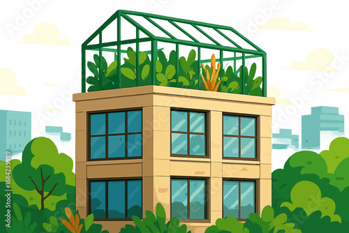 Modern eco-friendly building with a rooftop greenhouse garden. Urban farming concept for sustainable city living. Green architecture and horticulture in an urban landscape. Vector.