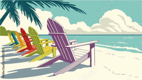 Relaxing Beach Scene with Colorful Adirondack Chairs and Ocean View.