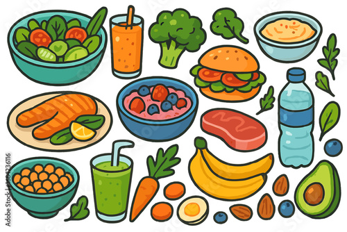 Healthy food collection vector cartoon icons set. Nutrition diet concept, balanced meal. Fresh organic ingredients for cooking. Salad, salmon, smoothie, fruit, vegetables.