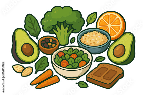 Healthy food collection. Plant-based diet concept. Vegan and vegetarian lifestyle. Variety of foods like avocado, salad, broccoli. Vector cartoon illustration for nutrition and wellness.