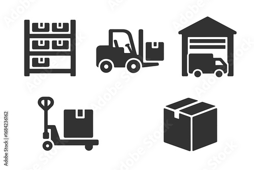 Warehouse icons set. Logistics and shipping solid glyphs. Forklift, pallet jack, storage rack, loading dock, package box vector. Supply chain management pictogram collection.
