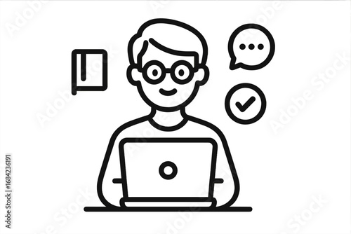 Remote worker freelancer icon in modern outline style, vector cartoon illustration for design, apps, social media, tech workspace, digital nomad concept, productivity symbol