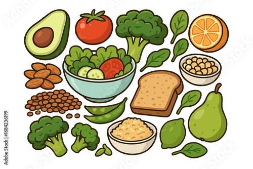Healthy food set. Plant-based diet concept. Vegan, vegetarian lifestyle ingredients. Organic vegetables, fruits, nuts, legumes. Vector cartoon food collection illustration.