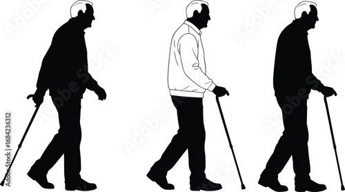 Silhouette illustration of elderly man walking with cane, showing different postures and movements, symbolizing aging, mobility, and support.
