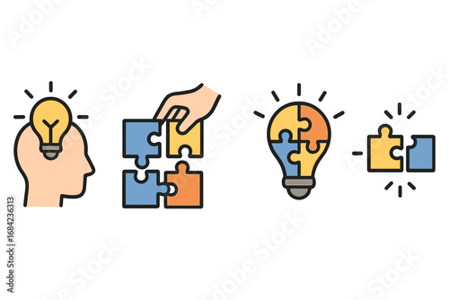 Creative problem solving, brainstorming concept. Idea generation with lightbulb and puzzle pieces. Teamwork, solution, and innovation vector icon set for business strategy.