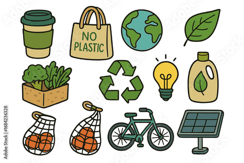 Eco friendly lifestyle vector icon set. Sustainability, zero waste, and go green concepts. Includes reusable bag, bicycle, recycling symbol, solar panel, and organic food.