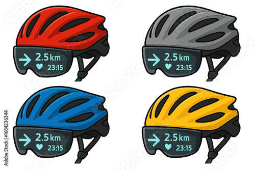 Smart bike helmet set with augmented reality visor. GPS navigation, fitness and heart rate tracker display. Concept for wearable sport technology. Vector cartoon illustration.