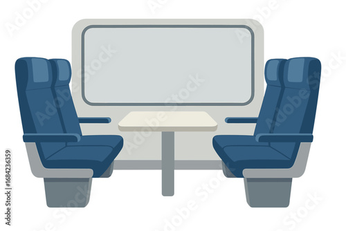 Train interior with empty seats and table. Public transport concept. Travel, journey, trip illustration. Modern minimalist vector cartoon design for subway, bus or railway.