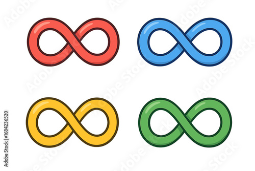 Infinity symbol vector icon set. Colorful cartoon signs representing limitless potential, continuity, and eternity. Endless loop collection for graphic design elements.