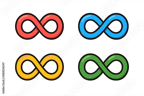 Set of colorful infinity symbols. Vector cartoon icons representing eternity, continuity and limitless potential. Collection of endless loop signs in red, blue, green, yellow.