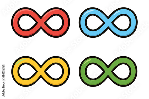 Set of infinity symbols. Concept of eternity, limitless, endless loop. Colorful vector icon for circular economy, continuity, everlasting ideas, and business cycle.