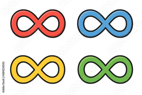 Colorful infinity symbol vector icon set. Collection of endless, eternity and limitless loop signs. Graphic design elements for logo. Concept of forever and continuity.