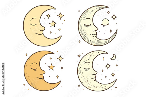 Sleeping crescent moon with face character set. Hand-drawn vintage cartoon style. Serene night sky symbol. Celestial, astrology, esoteric, spiritual, magic, dream vector icons.