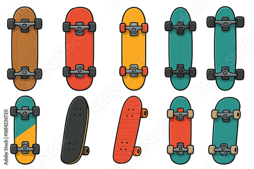 Skateboard vector illustration set. Collection of longboard, cruiser, and street skate decks from top and perspective view. Urban youth culture and extreme sports equipment concept.