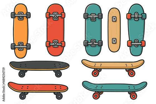 Skateboard vector illustration set. Collection of various skate decks, including longboard, street, and cruiser models. Top and side view. Cartoon style urban sport gear.