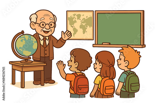 Welcome back to school. Old teacher with students in a geography classroom. Professor teaching kids a lesson with a globe and map. Vector cartoon character illustration.
