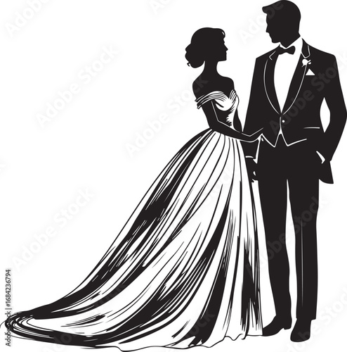 Elegant Wedding Silhouette of Bride and Groom in Formal Attire Perfect for Invitations and Announcements