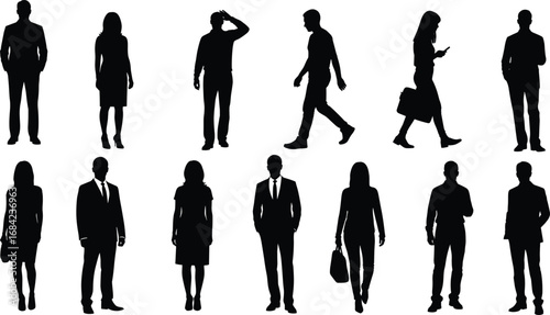 Silhouette illustration of professional business people walking, standing, and using phone in formal office attire for corporate design.